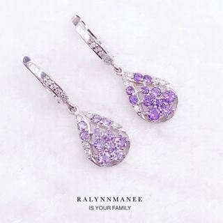 L6448 ต่างหูพลอยอเมทิสต์แท้ ( Amethyst ) แบบอิงลิชล็อค ตัวเรือนเงินแท้ ชุบทองคำขาว