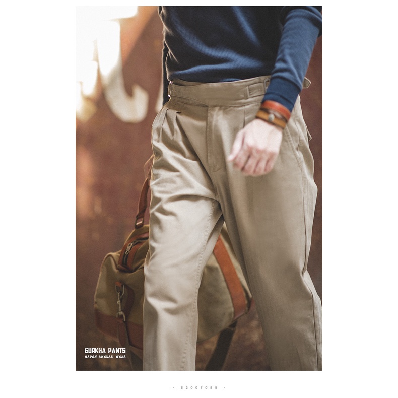 Retro Workwear สไตล์ชายหนุ่มผู้ใหญ่สุภาพบุรุษ American World War II เอวสูง Gurga army กางเกงสีกากีตรง Neapolitan กางเกงชาย Gurkha กางเกง — صورة 3