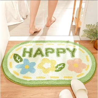 พรมเช็ดเท้า ขนนุ่ม ทรงรี ลาย happy flower