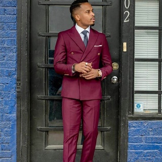 Burgundy Double Breasted Blazer สำนักงานชายเจ้าบ่าวธุรกิจ Tailoredลายสก๊อตพรหมงานแต่งงาน Tuxedos