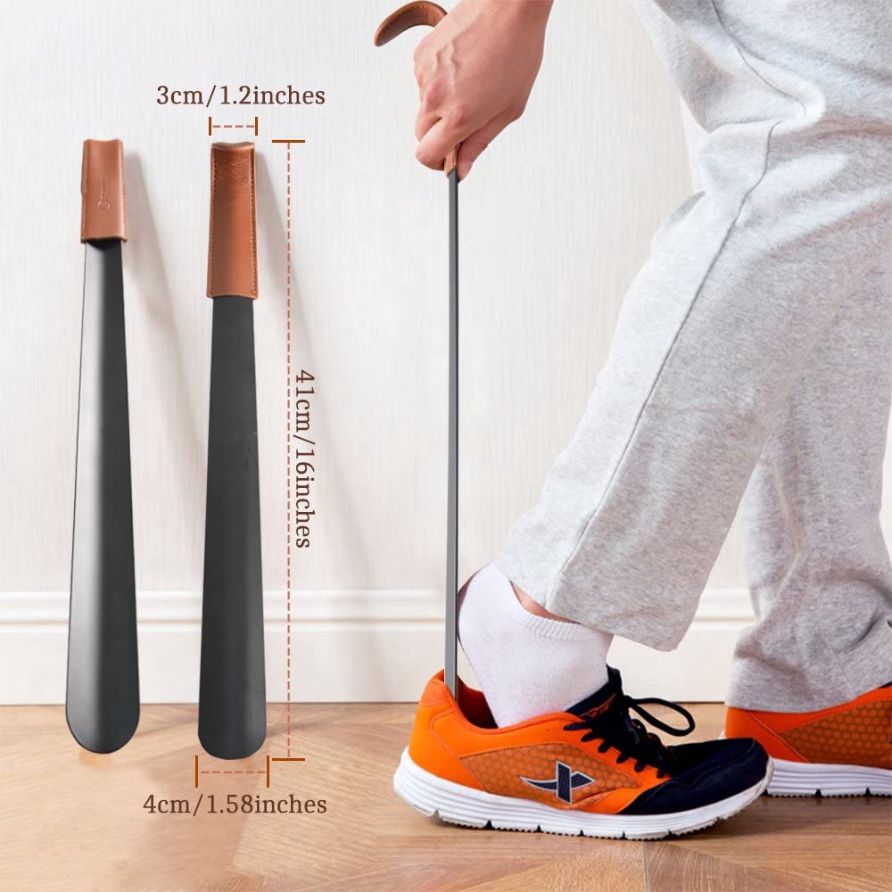 ZOMAKE Shoehorn ช้อนใส่รองเท้า ฮอร์นรองเท้าที่มีด้ามจับยาวพร้อมสายหนังสแตนเลสช้อนรองเท้าสำหรับรองเท้า ด้ามจับหนัง ยาว