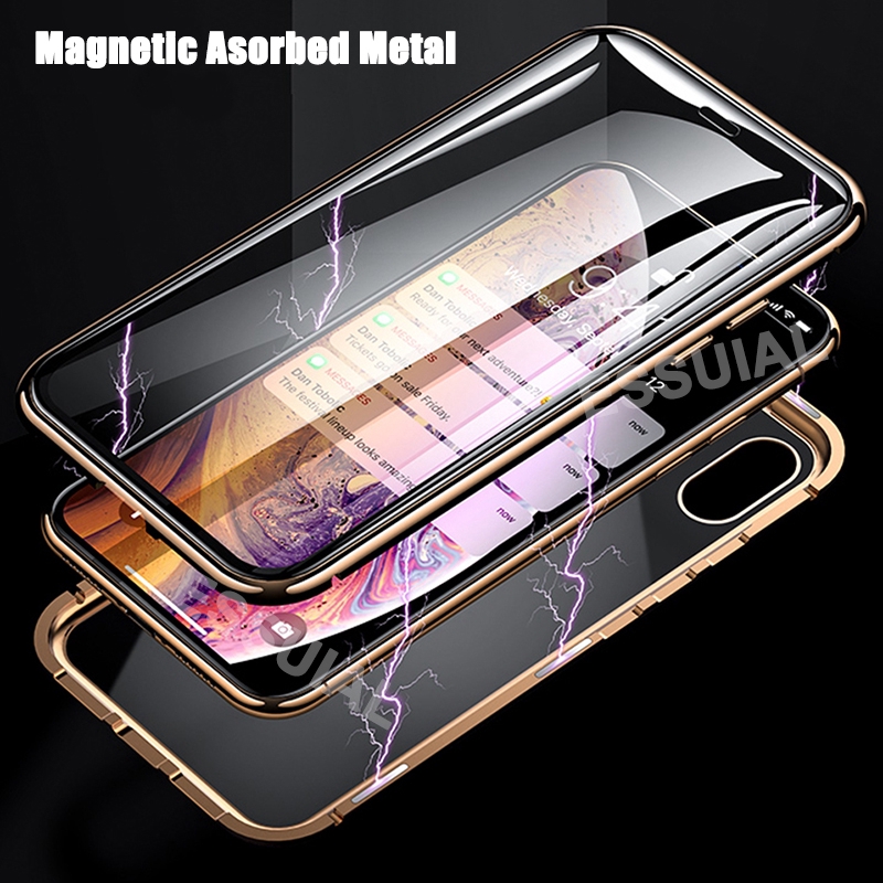 360° Full Protection Magnetic Metal & Tempered Glass Case For IPhone, Samsung, Huawei – Double Sided