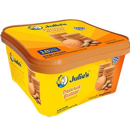 julie s คุกกี้บิสกิต ขนมนำเข้า ขนมจูลี่ส์ พีนัทบัตเตอร์ บิสกิต สอดใส้เนยถั่ว 18 ห่อ/ 540g Julie& pea