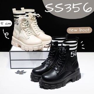 SS356 รองเท้าบูทสั้นสไตล์เกาหลี ขอบยางยืดใส่สบาย ส้นตึก สีดำ/ครีม