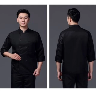 (M-5XL)เสื้อเชฟแขนยาวสีดำ มีกระเป๋าหน้าอก แต่งกระดุมคู่ตะเข็บด้านหน้า ผ้าใส่สบาย ไม่ร้อน #9700