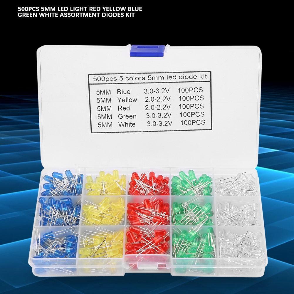 500pcs 5mm LED Light Red Yellow Blue Green White Assortment Diodes Kit ...