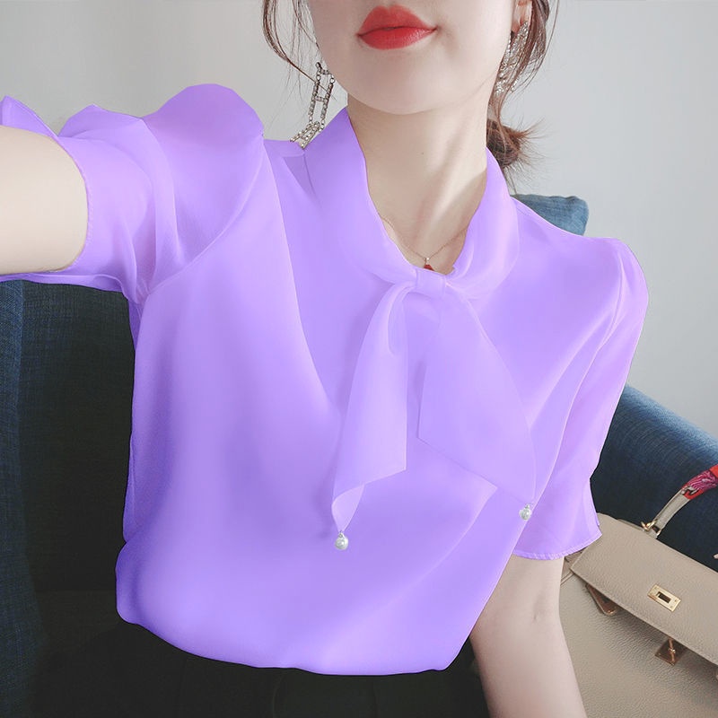 ♙เสื้อชีฟองผู้หญิงฤดูร้อนปี 2021 เสื้อเชิ้ตแขนสั้นทรงหลวมสไตล์เกาหลีใหม่ super fairy เสื้อเชิ้ตขนาดเล็กสไตล์ฝรั่งฝรั่งเ