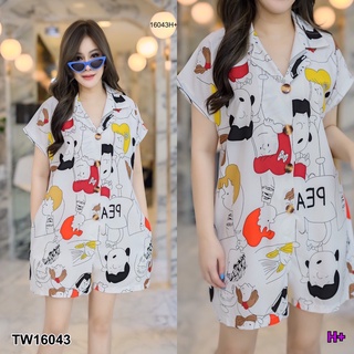 TW16043 Jumpsuit #สาวอวบ จั๊มสูทขาสั้น คอปก ไหล่ล้ำ กระดุมหน้า มีกระเป๋าเจาะล้วงข้างลำตัว เนื้อผ้า 100D