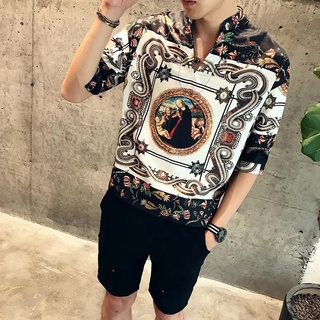 เสื้อเชิ้ตลําลอง คอวี พิมพ์ลาย หรูหรา สไตล์เรโทร สําหรับผู้ชาย