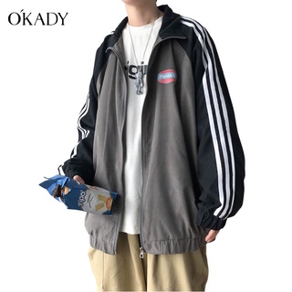 OKADY เสื้อกันหนาว เสื้อแจ็คเก็ตแฟชั่นฤดูใบไม้ผลิและฤดูใบไม้ร่วงของผู้ชายรุ่นใหม่เกาหลี ins เสื้อแจ็คเก็ตเครื่องมือจับคู่สีหลวมเสื้อคู่