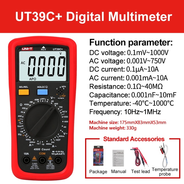 UNI-T UT39C+ มัลติมิเตอร์แบบดิจิตอลช่วงอัตโนมัติพร้อมเครื่องทดสอบมัลติเมโทรแบ็คไลท์ LCD