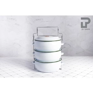 ปิ่นโต ปิ่นโตทรงโอ่ง ปิ่นโตเคลือบ ทรงบุษบา 14cm x 3ชั้น ตรานกเพนกวิน