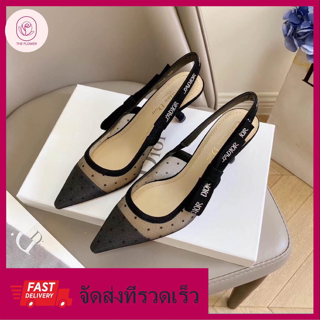 DIxR word lace 6cm thin heel single shoes รองเท้าผู้หญิง รองเท้าเกาหลี ...