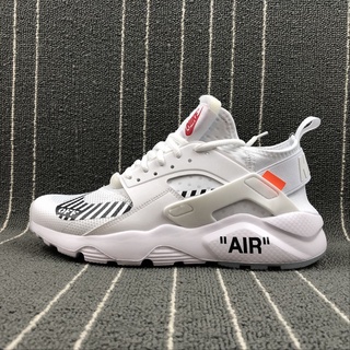 ☫□OFF-WHITE x Nike Air Huarache รองเท้ากีฬาผู้ชายและผู้หญิงสีดำ/ขาว