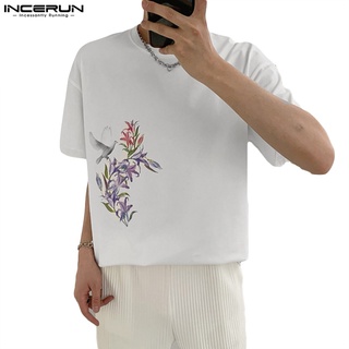 Incerun เสื้อยืดลําลอง แขนสั้น คอกลม ลายดอกไม้ สไตล์เกาหลี สําหรับผู้ชาย