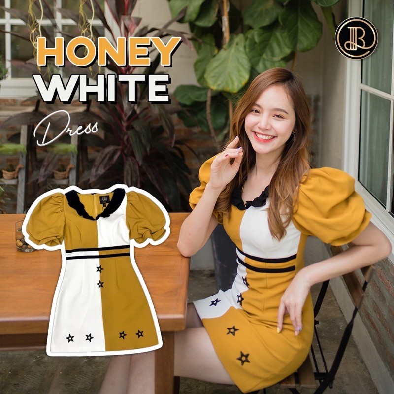 Honey white : BLT BRAND : มินิเดรสทูโทนเหลืองขาว(L)