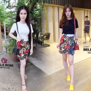 6238 Set 2 ชิ้น เสื้อยืดคอกลมสีดำ+กระโปรงสั้นสกรีนลายคมชัด