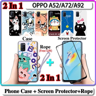 2 IN 1 เคส OPPO A52 A72 A92 เคส พร้อมกระจกนิรภัย โค้ง เซรามิค ป้องกันหน้าจอ แมว และโดราเอมอน ดีไซน์