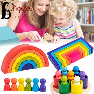 เทศกาลสงกรานต์ Wooden Rainbow Blocks Children Rainbow Stacker Stacking Toy Interact Educational Puzzle Toy Geometry Bricks