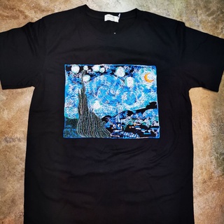 เสื้อครอปสายฝอ เสื้อยืดแฟชั่น ▪✴❡เสื้อยืดปัก ลายTHE STARRY NIGHT  ผ้าcotton 100% T-shirt Embroidery