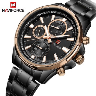 NAVIFORCE บุรุษสแตนเลสนาฬิกาสีดำควอตซ์ทหารแฟชั่นนาฬิกาควอตซ์ผู้ชายสบาย ๆ กีฬานาฬิกาข้อมือ