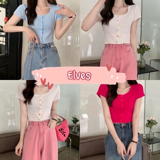 Elves✨พร้อมส่ง✨  เสื้อ ไหมพรมแขนสั้น ตัวสั้น กระดุมด้านหน้าสีพาสเทลน่ารัก ~9323-1~ -C