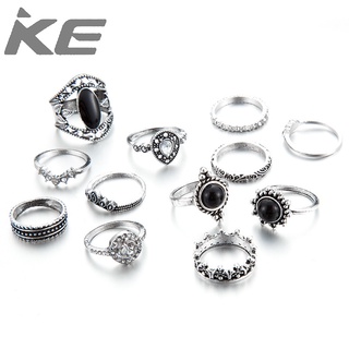 Hand ornaments black gem sun drop crown alloy ring set of 12 for girls for women low price