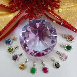 จี้ พลอยสี 8*10 ล้อมเพชร cz ชุบทองคำขาว ราคาพิเศษ