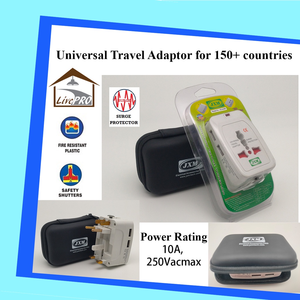 JXM Universal Travel Adapter Plug Charger 2 USB, 5V 2.1A ทองเหลือง/ทองแดง Pin
