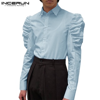 Incerun เสื้อเชิ้ตแขนยาว คอปก สีพื้น แฟชั่นสําหรับผู้ชาย