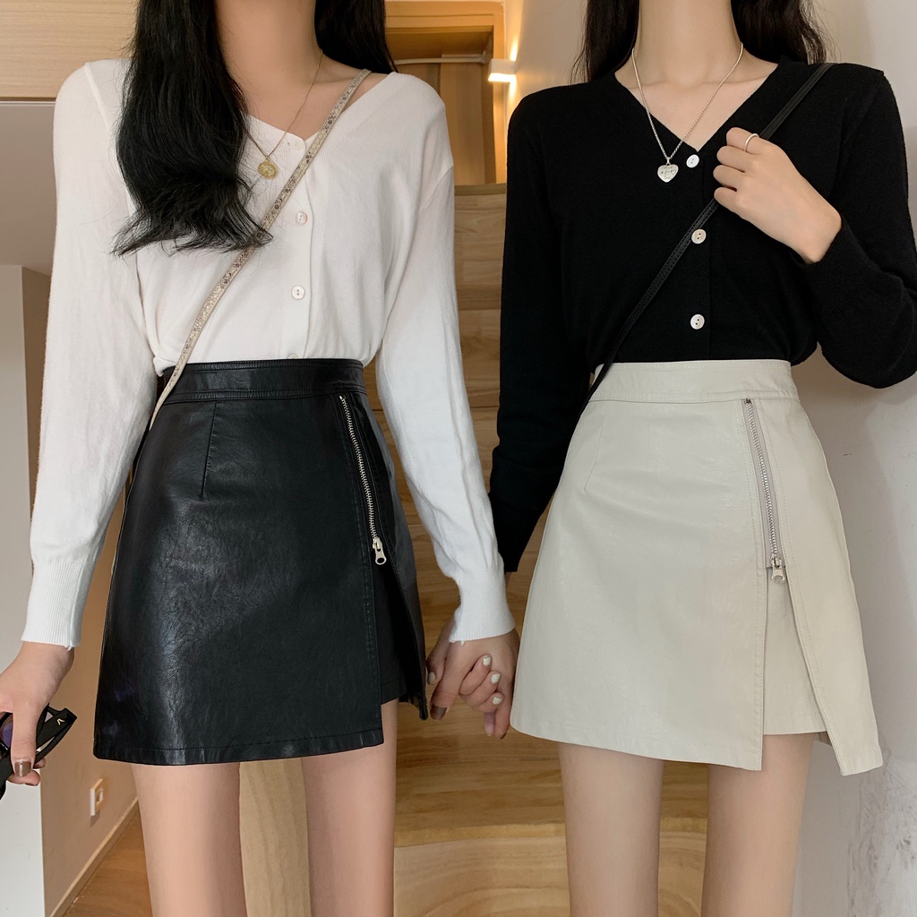 พร้อมส่ง > กระโปรงหนัง แต่งซิปด้านหน้า