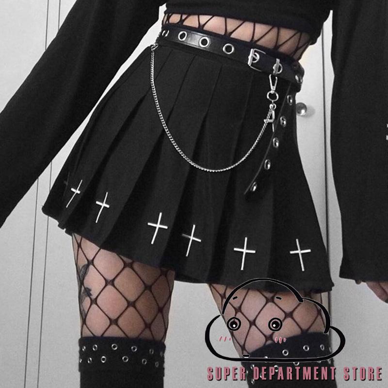 NE y2k Women High Waist Gothic Punk Mini Skirts, Ladies Cross Pattern Mini Pleated Skirt