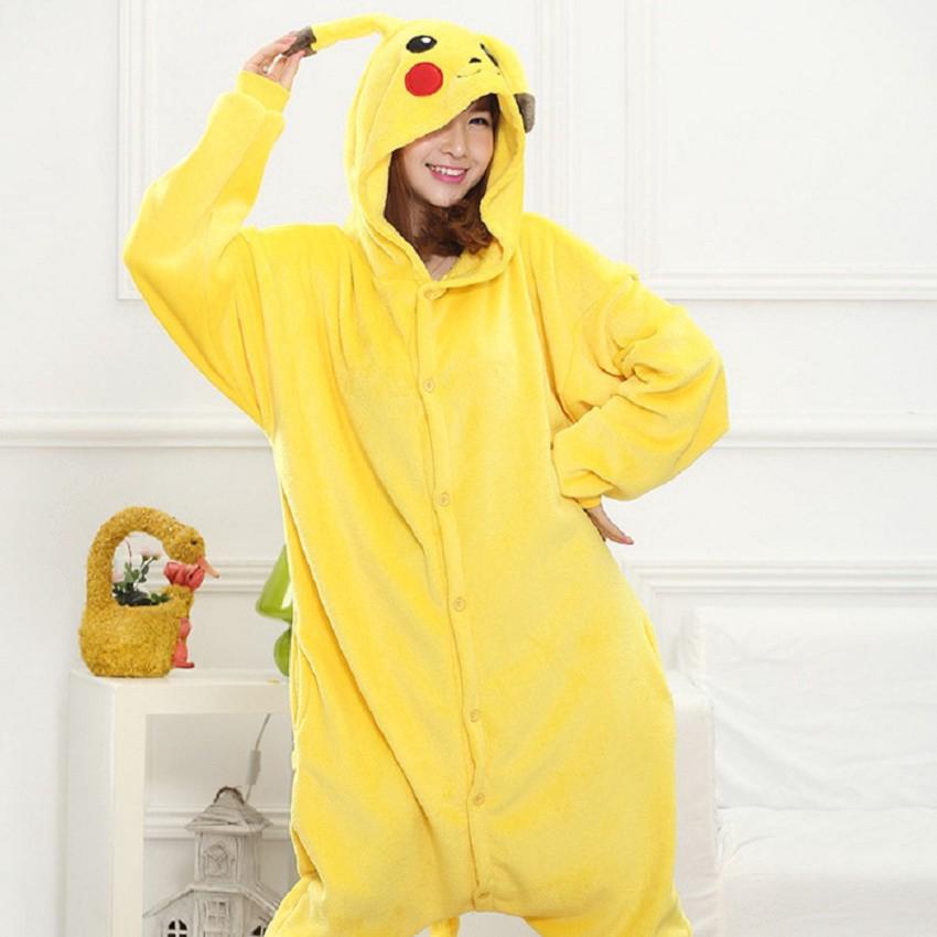 Kigurumi Pokemon Pikachu Onesie ผู้หญิงที่เป็นผู้ใหญ่การ์ตูนคอสเพลย์แต่งกายมิ่งขวัญน่ารัก