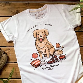 เสื้อยืดผ้าฝ้ายพิมพ์ลายขายดี Golden Retriever “ welcome home “ t-shirt เสื้อยืด ลายหมาโกลเด้น