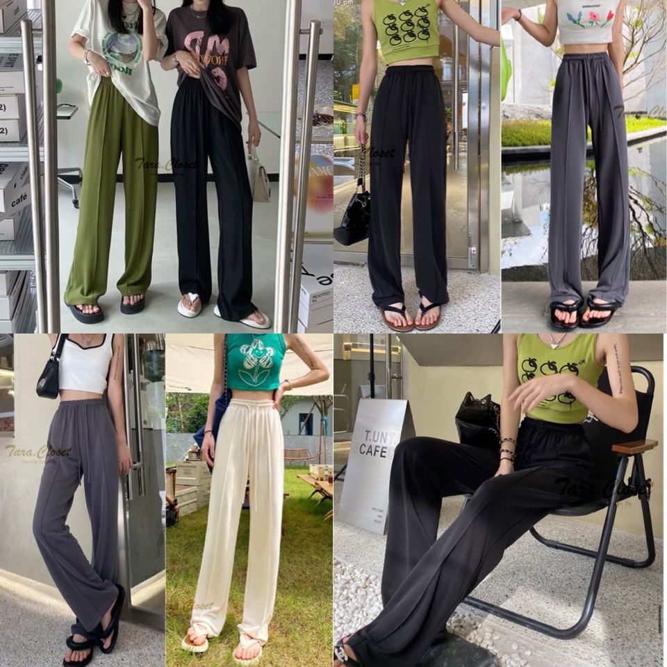 PW504 TARA Long pants  Free Size กางเกงวอร์ม ขายาว เอวสูง ทรงขากระบอก เนื้อผ้าวูลเวฟ ผ้ายืด น้ำหนักเบา ใส่สบาย ไม่ร้อน