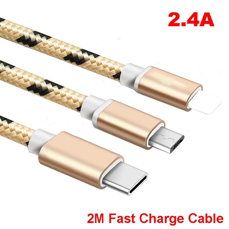 สายเคเบิ้ล 2 เมตร / 2.4 A Micro USB / Type C IOS สำหรับ iPhone Samsung