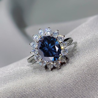 แหวนเงิน ประดับเพชรไพลิน 3.0ct สีฟ้า สําหรับผู้หญิง sapphire blue moissanite