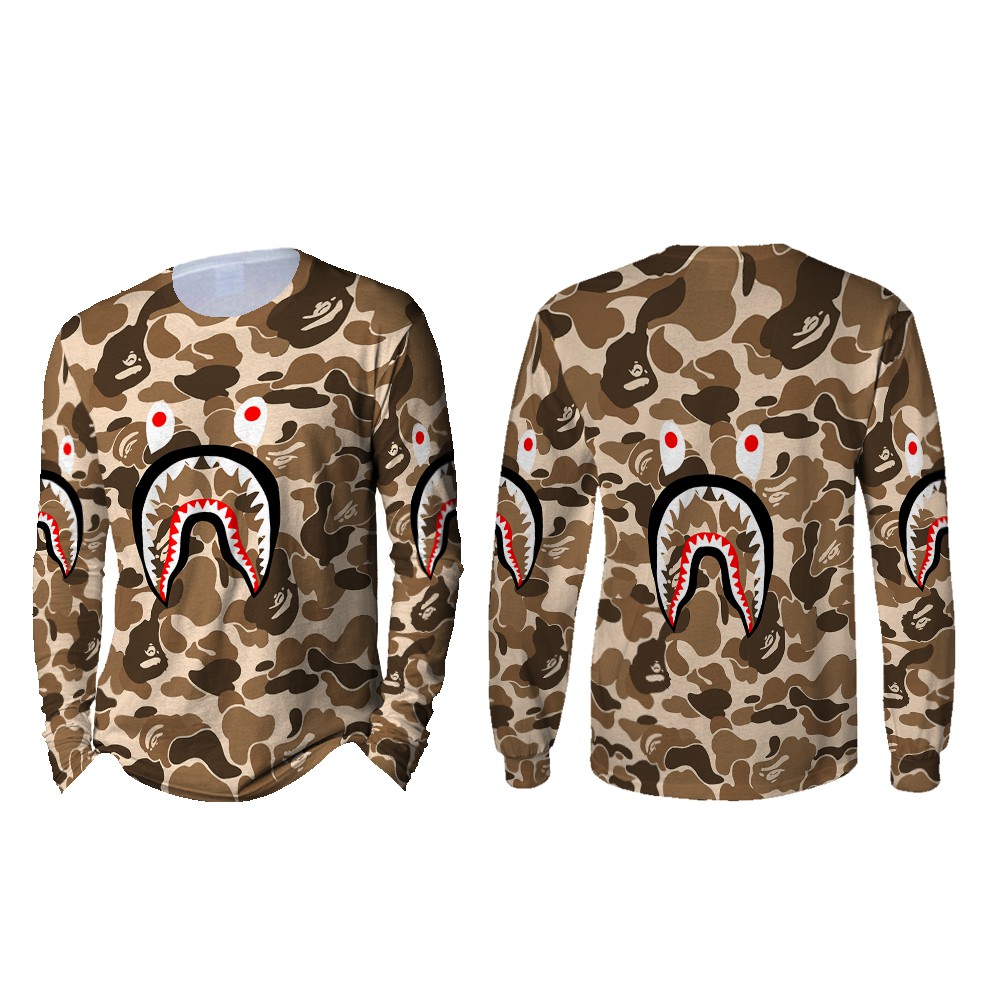 เสื้อยืดแขนยาวผู้ชาย Design A BATHING APE BAPE SHARK BROWN 3D Full Print Sublimation