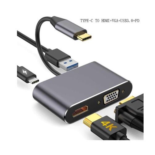 TYPE C THUNDERBOLT 3 ถึง HDTV VGA USB A 3.0 PD USB-C CONVERTER 4IN1 HUB ADAPTER 4K 60HZ 1080P 5GBPS 