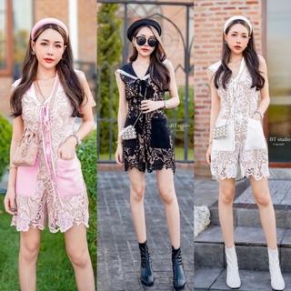 พร้อมส่ง 🚣🏽‍♀️playsuit ลูกไม้ ขาสั้น ปกกะลาสี 🚣🏽‍♀️bt 06-2495