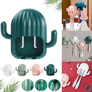 Self-adhesive Cactus Toothbrush Holder with Two Hooks / Multi-functional Bathroom Towel Rack Storage Accessories