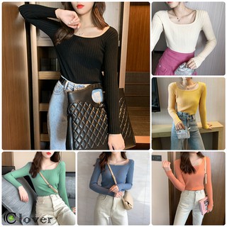 เสื้อสเวตเตอร์เสื้อไหมพรมเสื้อยืดนิตติ้งคอเหลี่ยม แขนยาว Square neck T-shirt FLCX-T108