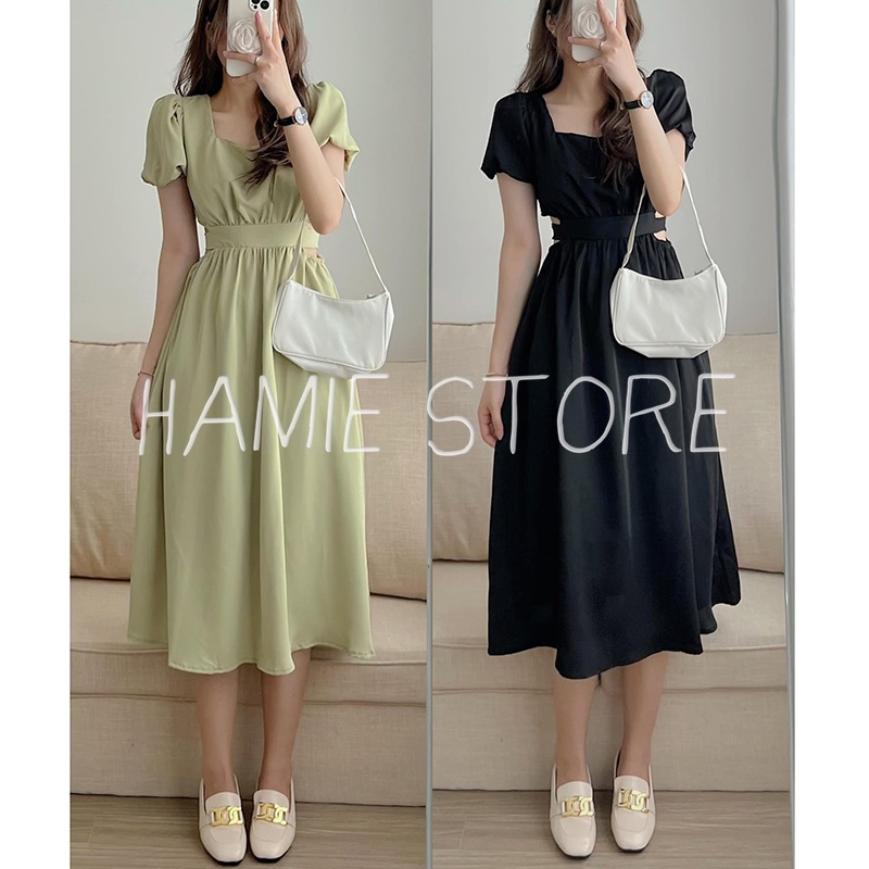 เดรสยาวผู้หญิงคอเหลี่ยมแขนพองและเว้าเอว HBT430 เดรสบานผู้หญิงมีโบว์หลังสุดเซ็กซี่และสไตล์ยั่วยวน