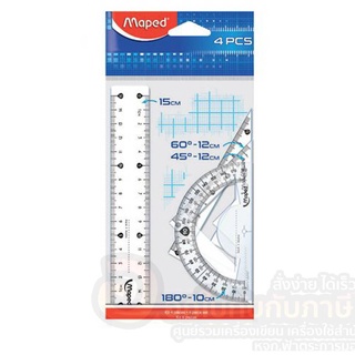 ชุดเรขาคณิต 4P Maped พลาสติกใส ตัวเลขชัดเจนอ่านง่าย 1ชุด มี 4ชิ้น ไม้โปรเทคเตอร์ ไม้สามเหลี่ยม ไม้บรรทัด ไม้ฉาก
