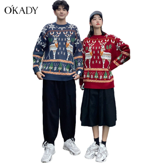 [COD] OKADY เสื้อสเวตเตอร์ผู้ชาย คริสต์มาส คู่รัก สไตล์สเวตเตอร์ถัก แฟชั่น คอกลม พิมพ์ลาย หลวม สไตล์เกาหลี