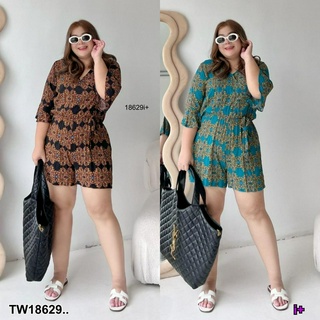 J18629 จั๊มสูท #Bigsize ขาสั้น แต่งระบายปลายแขน พิมพ์ลาย Jumpsuit #Bigsize, short legs, ruffled sleeves, printed pattern