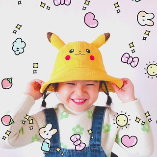 หมวกเด็กพร้อมส่ง หมวก Bucket เด็กสีเหลืองลายปิกาจู (Pikachu) ทรงสวย ผ้านิ่ม ระบายอากาศดี