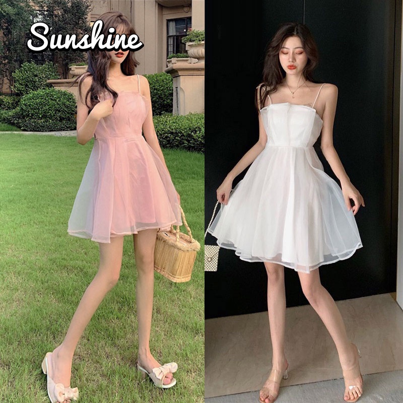 พร้อมส่ง ชุดราตรี สายเดี่ยว เดรสขาว (สีขาว/สีชมพู) S/M/L/XL ชุดน่ารักเรียบๆ เหมือนเจ้าหญิง