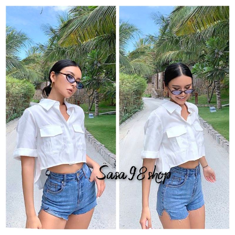 ON-191️⃣9️⃣9️⃣ เสื้อครอปเชิ้ตแขนเบิ้ล​ งานป้าย​ Ounie