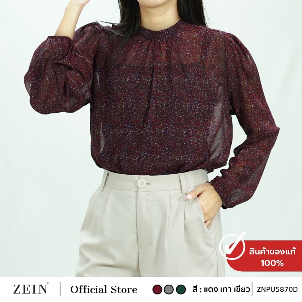 ZEIN เบลาส์ เสื้อผู้หญิง แขนยาว ผ้าชีฟอง พิมพ์ลาย ZNPU5870